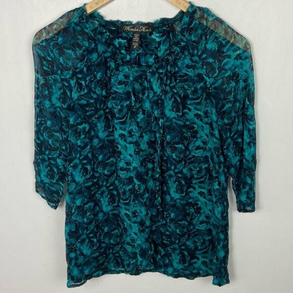 Nicole Richie Bohemian 100% Silk Blouse Size Small Winter Kate Blue Floral Top S - Picture 4 of 10